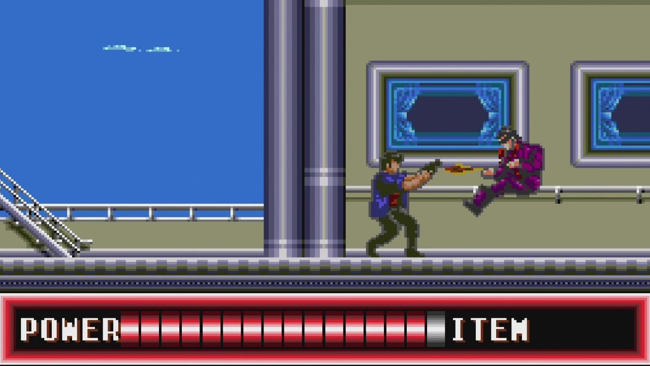 A side-scrolling action scene with a City Hunter character shooting an enemy indoors