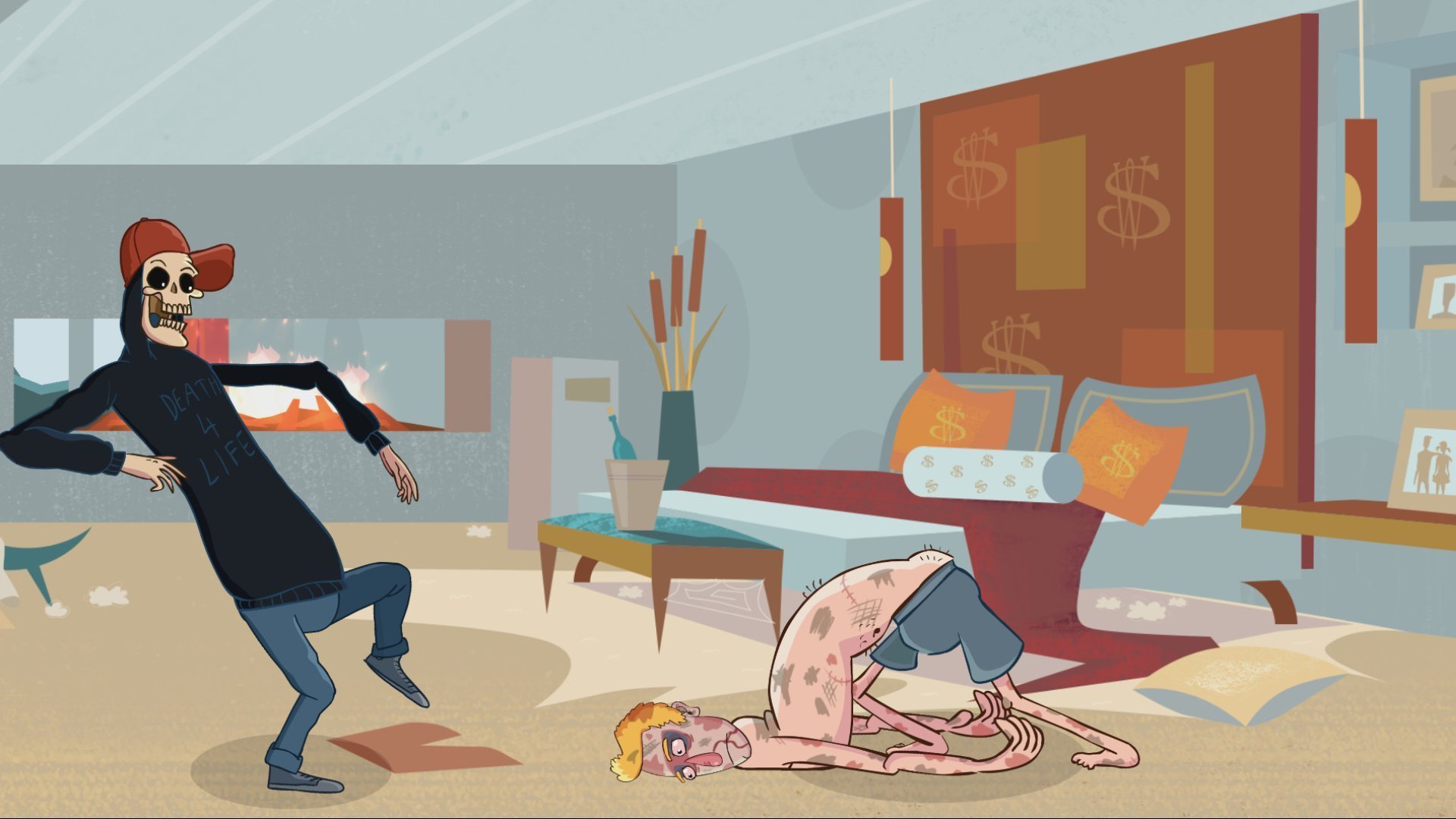 A skeleton in a hoodie and a struggling man appear in the dark comedy adventure game like Baby Steps