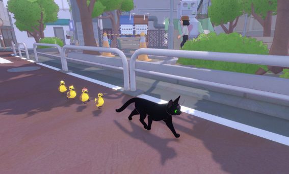 A black cat with glowing green eyes walks down a sunny street followed by a line of yellow ducklings in kid-friendly Game Pass game