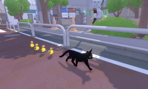 A black cat with glowing green eyes walks down a sunny street followed by a line of yellow ducklings in kid-friendly Game Pass game
