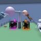 Cartoon-like characters hang from glowing orbs while others watch in a playful physics-based Game Pass puzzle game scene