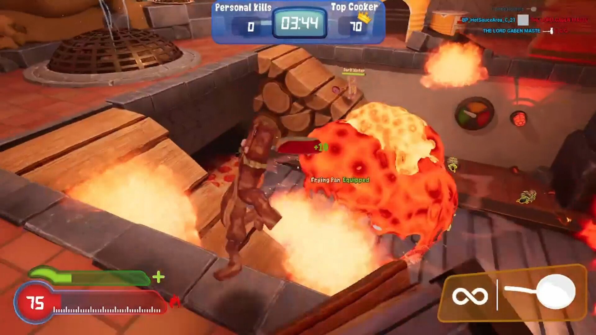 Player using frying pan to attack opponent