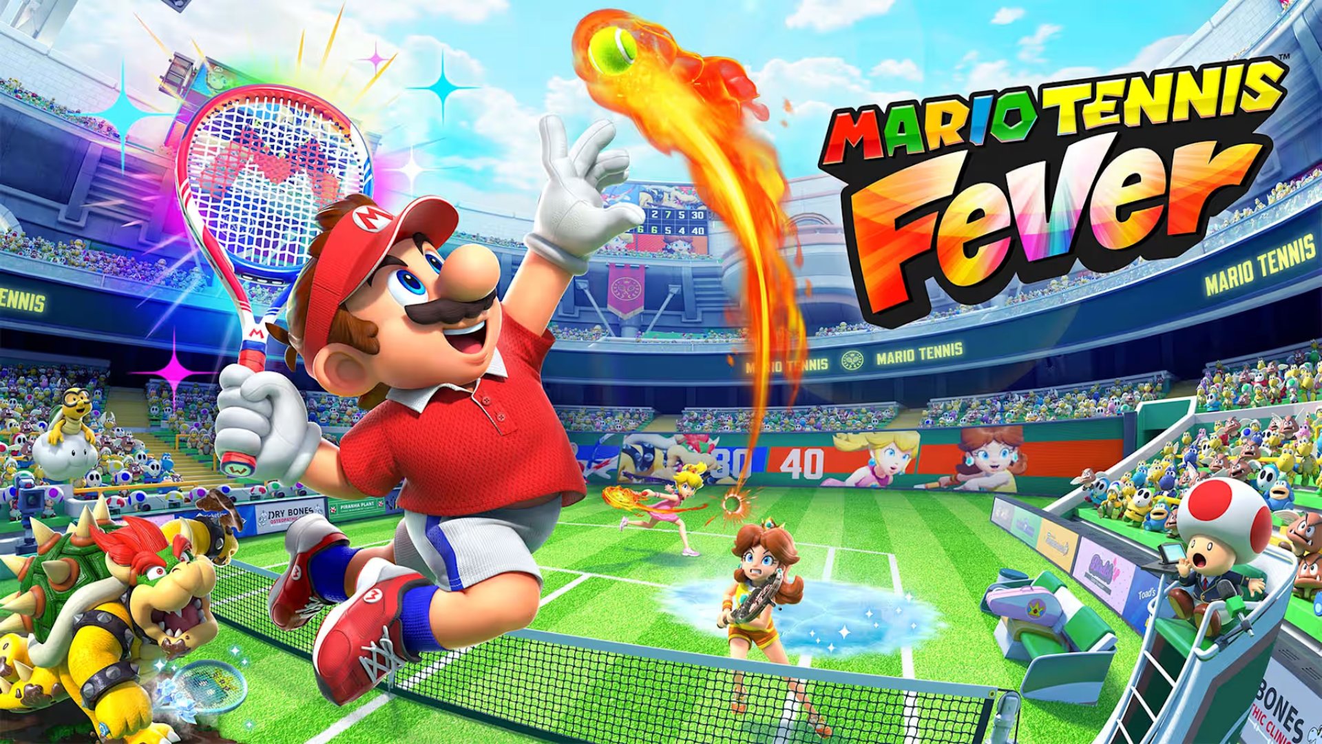 Mario leaps into the air for a powerful flaming tennis shot in Mario Tennis Fever