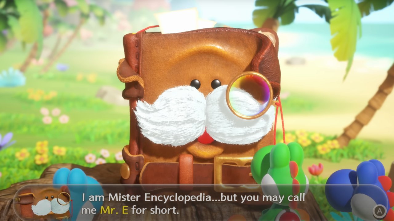 A talking book character with a mustache and monocle introduces itself as Mister Encyclopedia
