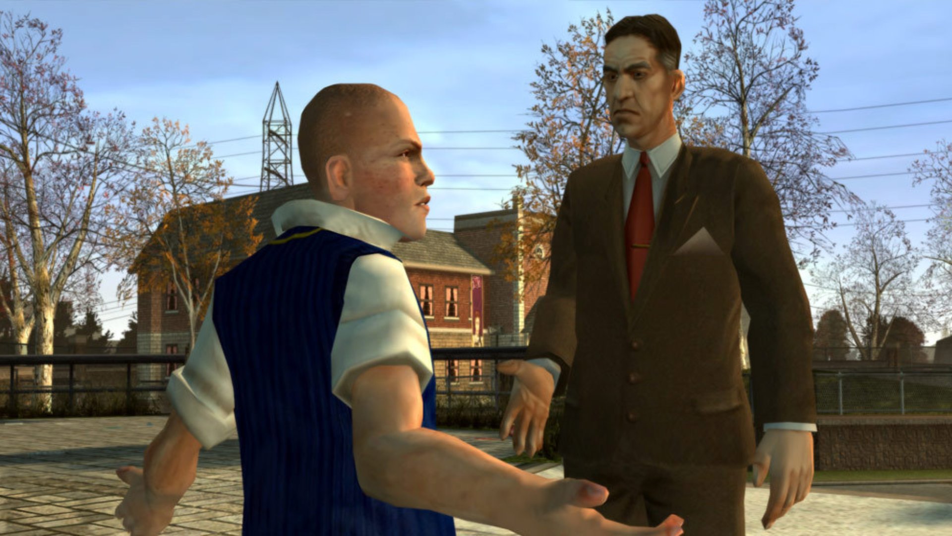 A student argues with a man in a suit outside a school building in the mobile port of Bully