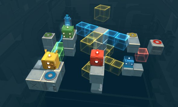 Cubos de robôs coloridos navegam por uma grade flutuante de blocos brilhantes no jogo de quebra-cabeça do PS Plus