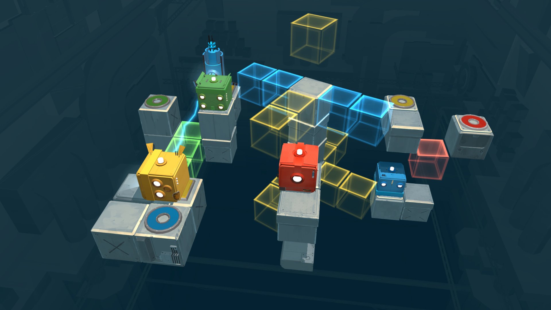 Kolorowe kostki robotów poruszają się po unoszącej się siatce świecących bloków w grze logicznej PS Plus