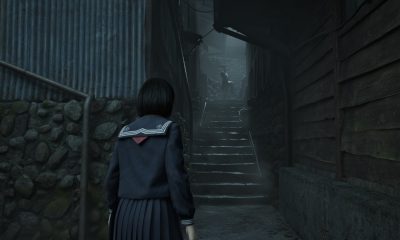 Schoolgirl approaches eerie figure at the misty staircase