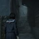 Schoolgirl approaches eerie figure at the misty staircase