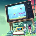 Dois personagens assistem a um jogo de quebra-cabeça retrô para celular exibido em uma TV gigante ao ar livre