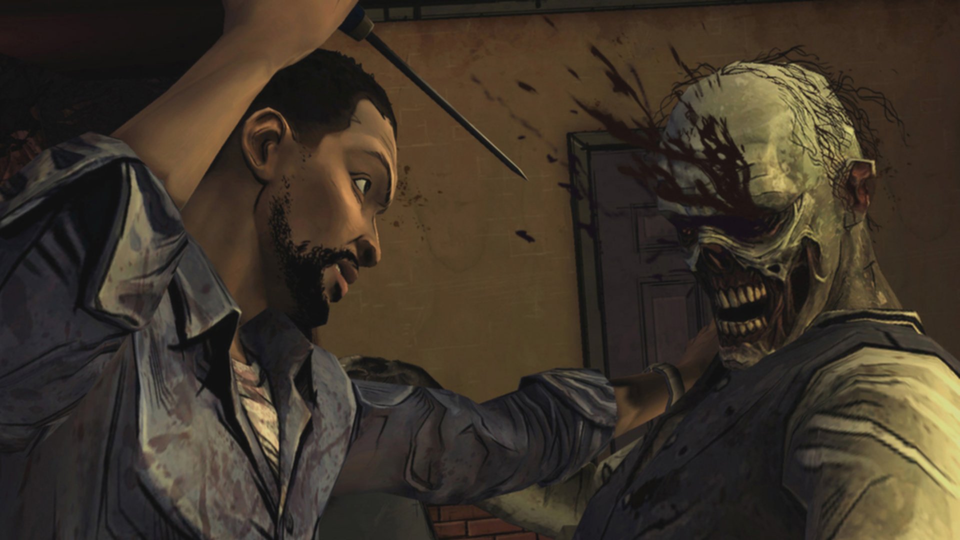 Un hombre lucha contra un zombi con un destornillador en una escena tensa de un juego de terror de supervivencia de Game Pass.