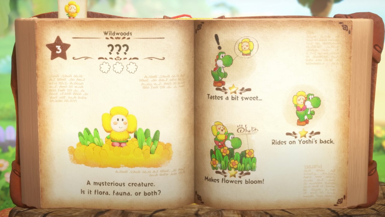 An open book describes the flower creature with notes about Yoshi’s interactions