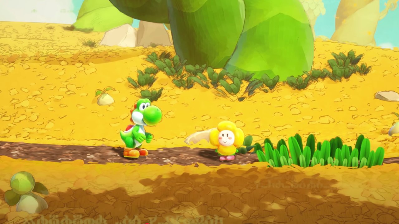 Yoshi meets a small flower-like character in a sunny field