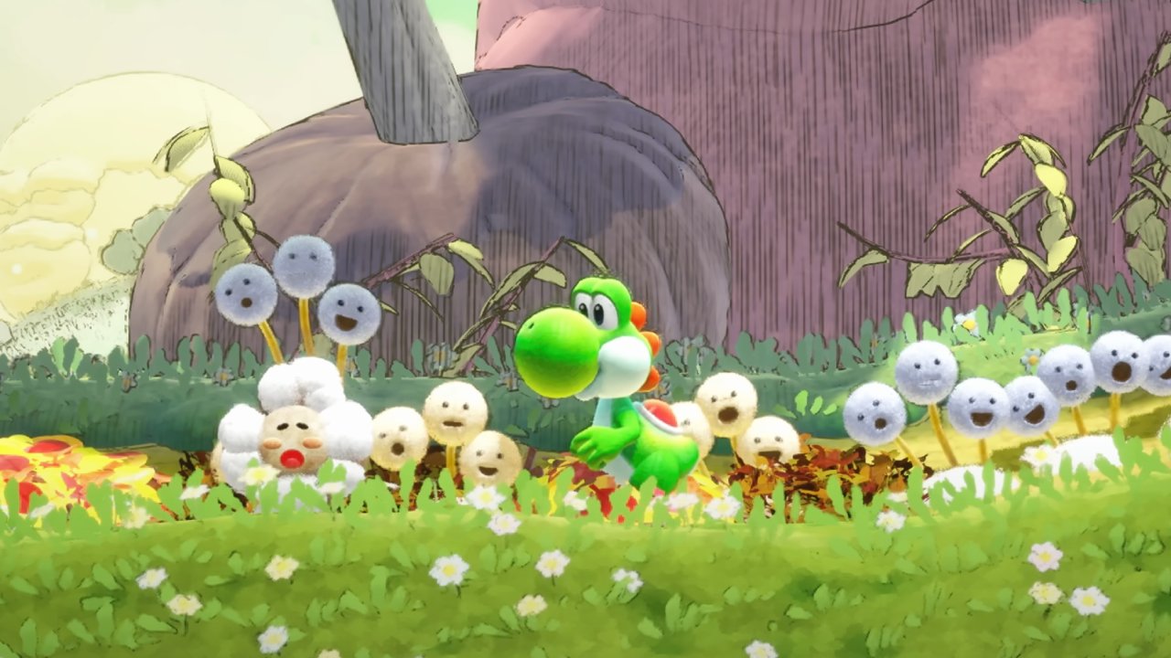 Yoshi walks among smiling dandelion-like creatures in a grassy area