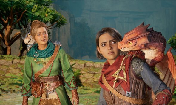 Two young adventurers stand with their small dragons