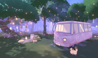 A cozy pastel campsite with a pink van and cat
