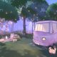 A cozy pastel campsite with a pink van and cat