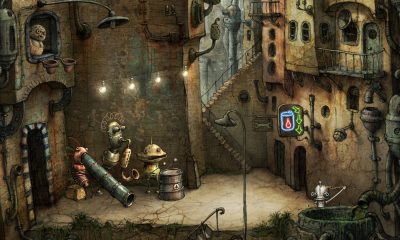 Whimsical robots puzzle through a hand-drawn city alley in an indie mobile game