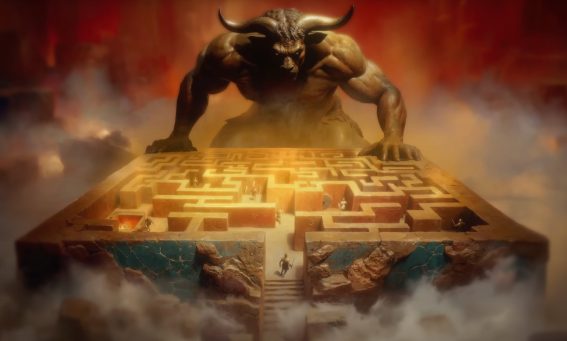 Огромная игра Minos. Минотавр нависает над лабиринтом, а маленькие фигурки пытаются выбраться.