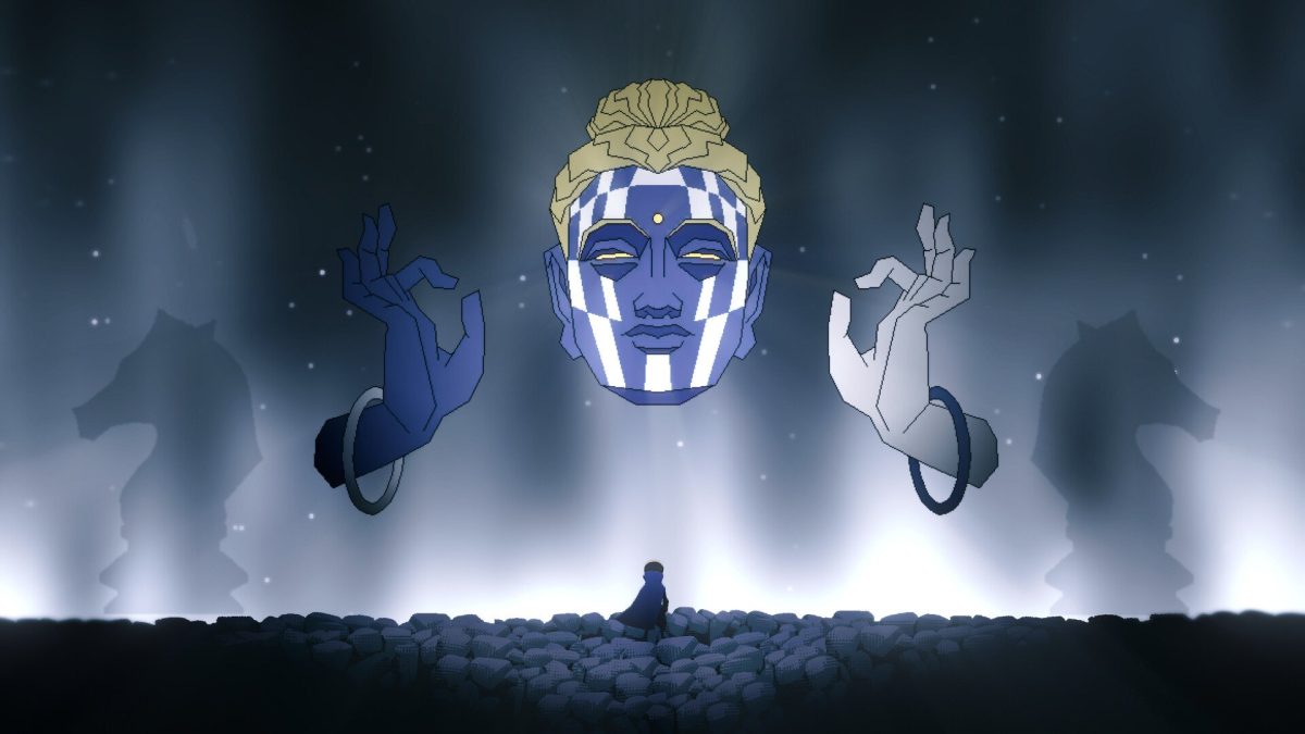 A small figure standing before a giant, mystical head in a Metroidvania mobile game