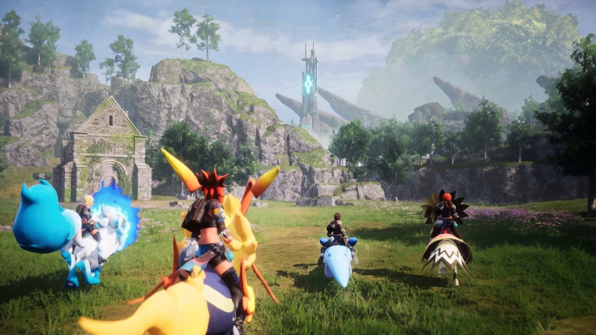 Steam survival game scene featuring mounted adventurers crossing a grassy valley toward ancient ruins and a glowing tower