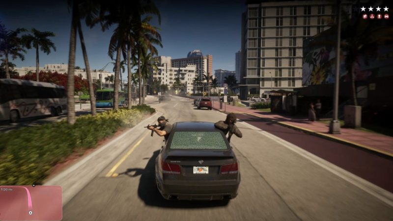 Armed passengers lean from a speeding sedan during GTA 6 Extended Look action