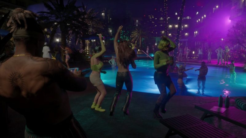 Neon pool party with dancers enjoying songs in GTA 6