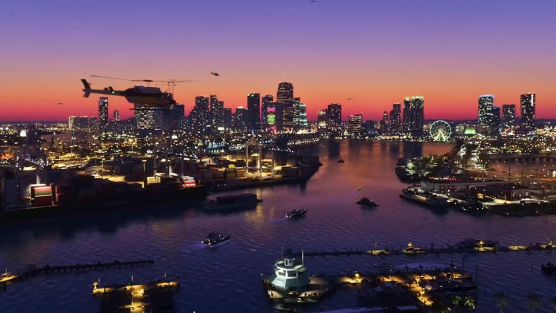 Helicopter flies above glowing waterfront skyline at sunset in a GTA 6 Extended Look scene