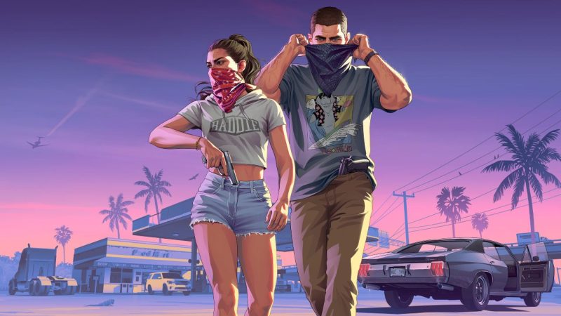 Masked GTA 6 protagonists pose with guns beside a muscle car at sunset