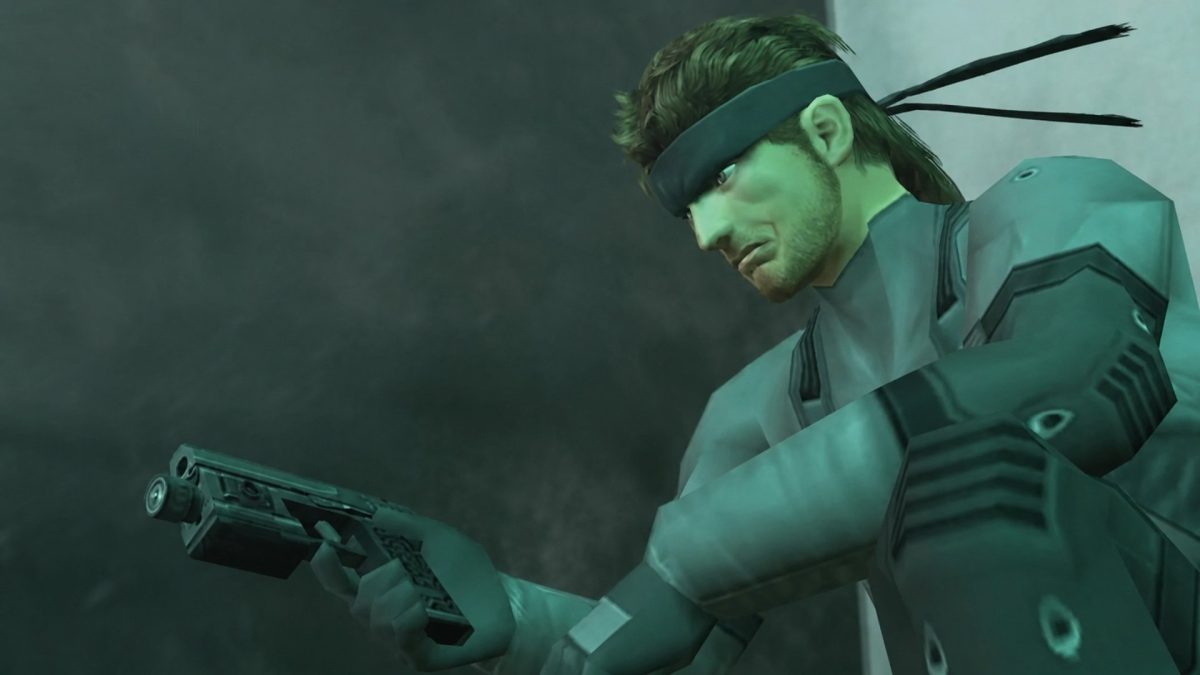 Low-poly PS1 game character holding a handgun during a cinematic cutscene