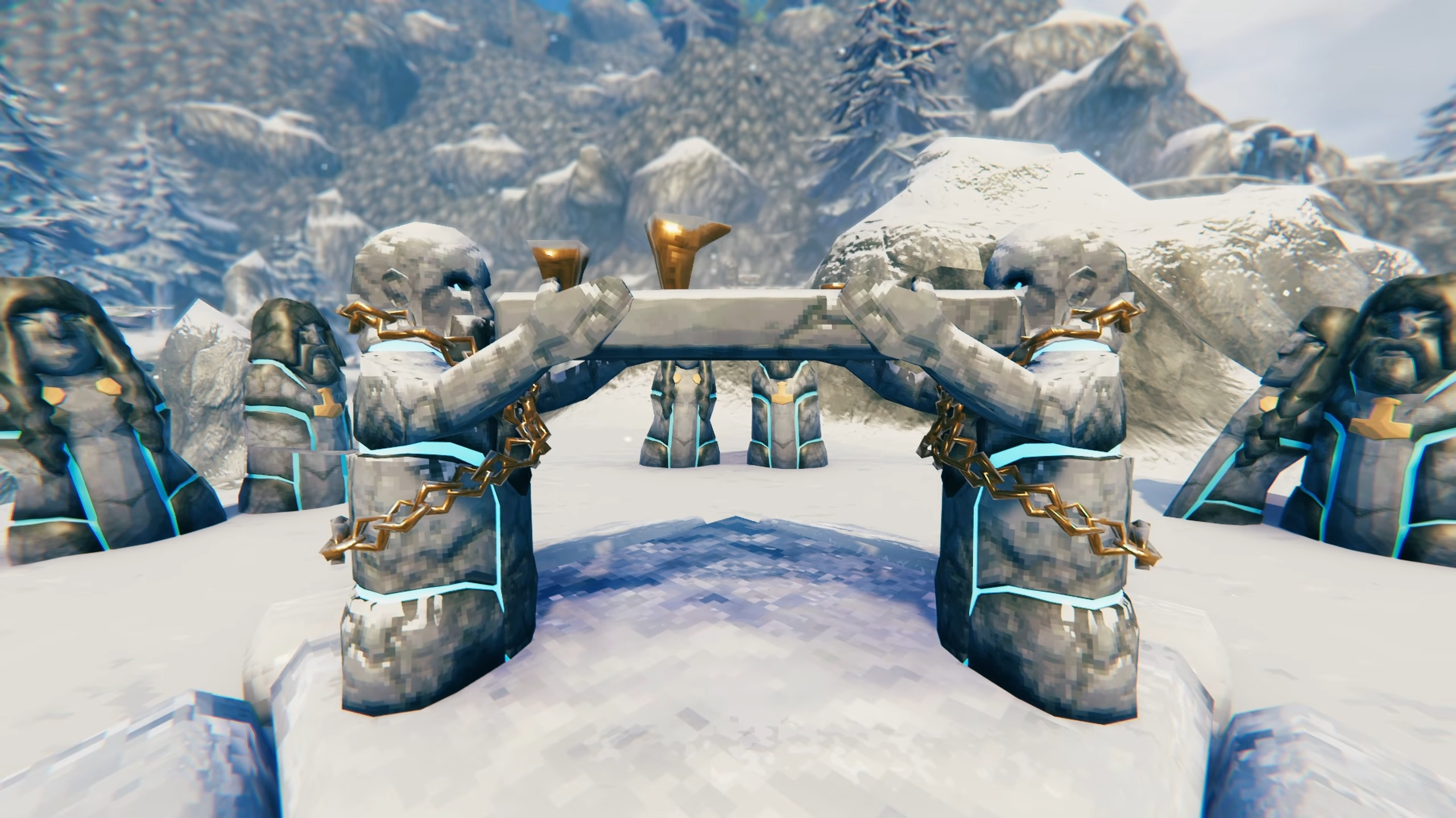 two statues holding a crafting bench