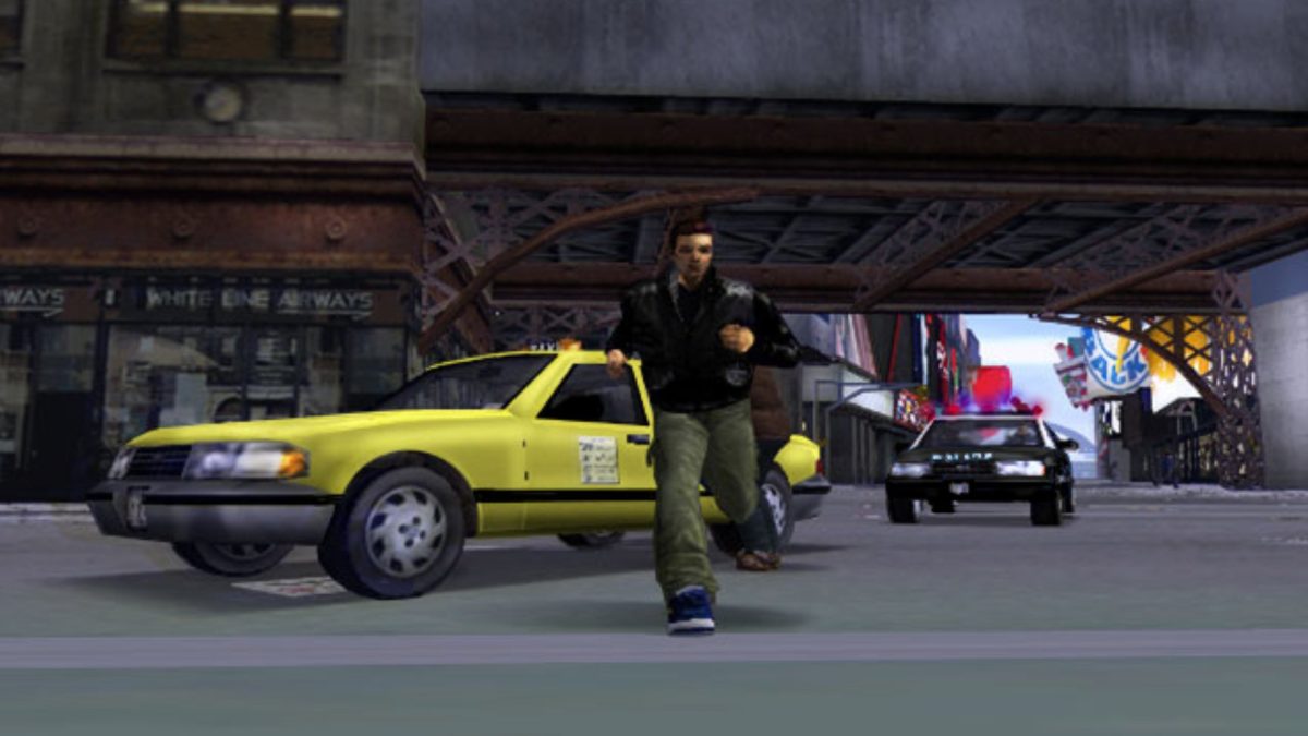 PS2 game scene showing a man running past yellow taxi and police car