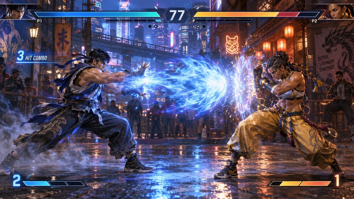 Two original martial artists fighting in a neon-lit arcade game arena