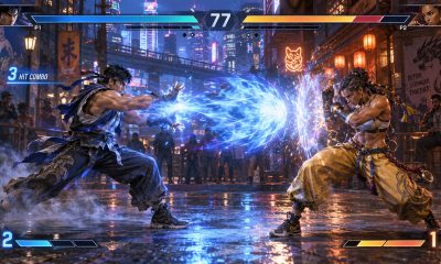Two original martial artists fighting in a neon-lit arcade game arena