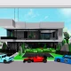 Large modern penthouse with several sports cars on driveway