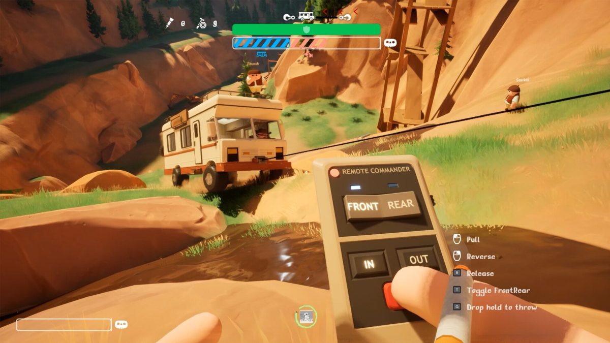 Players use a winch remote to pull an RV through rocky terrain in the friendslop PC game