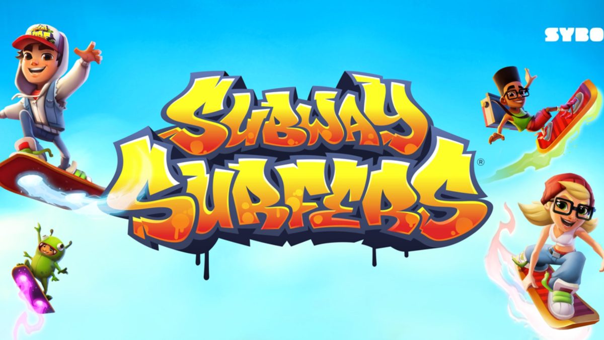 Colorful Subway Surfers logo surrounded by characters riding futuristic hoverboards