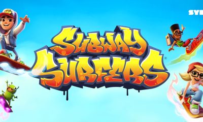 Colorful Subway Surfers logo surrounded by characters riding futuristic hoverboards