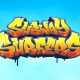 Colorful Subway Surfers logo surrounded by characters riding futuristic hoverboards