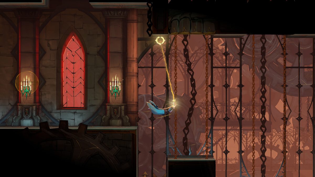 Rose Belmont swings from a glowing whip anchor across a gothic chamber lined with chains and red stained-glass windows.