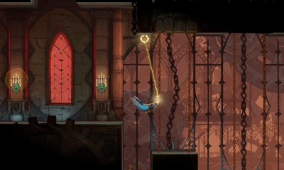 Rose Belmont swings from a glowing whip anchor across a gothic chamber lined with chains and red stained-glass windows.