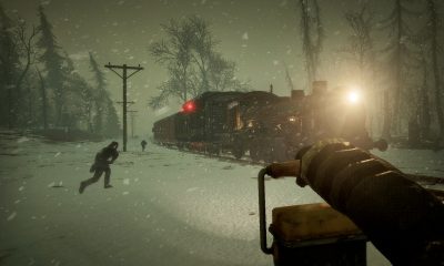 A survivor runs toward an armored steam train through a snowy forest in Frostrail.