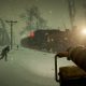 A survivor runs toward an armored steam train through a snowy forest in Frostrail.