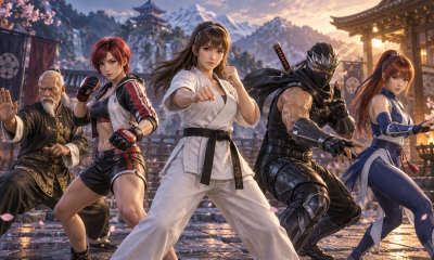 Five martial artists in ready stances in a Japanese courtyard, in an AI-generated editorial illustration inspired by Dead or Alive.