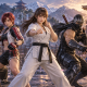 Five martial artists in ready stances in a Japanese courtyard, in an AI-generated editorial illustration inspired by Dead or Alive.