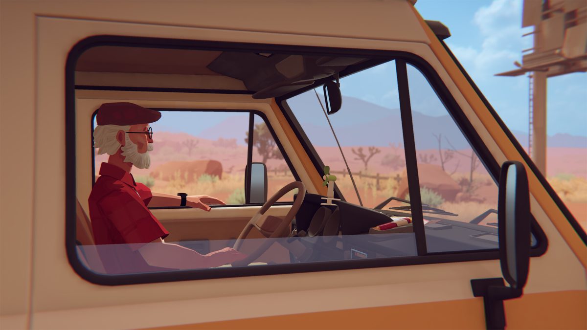 Alfred drives his camper van through a sunlit desert in Forever Ago.