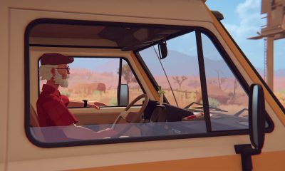 Alfred drives his camper van through a sunlit desert in Forever Ago.