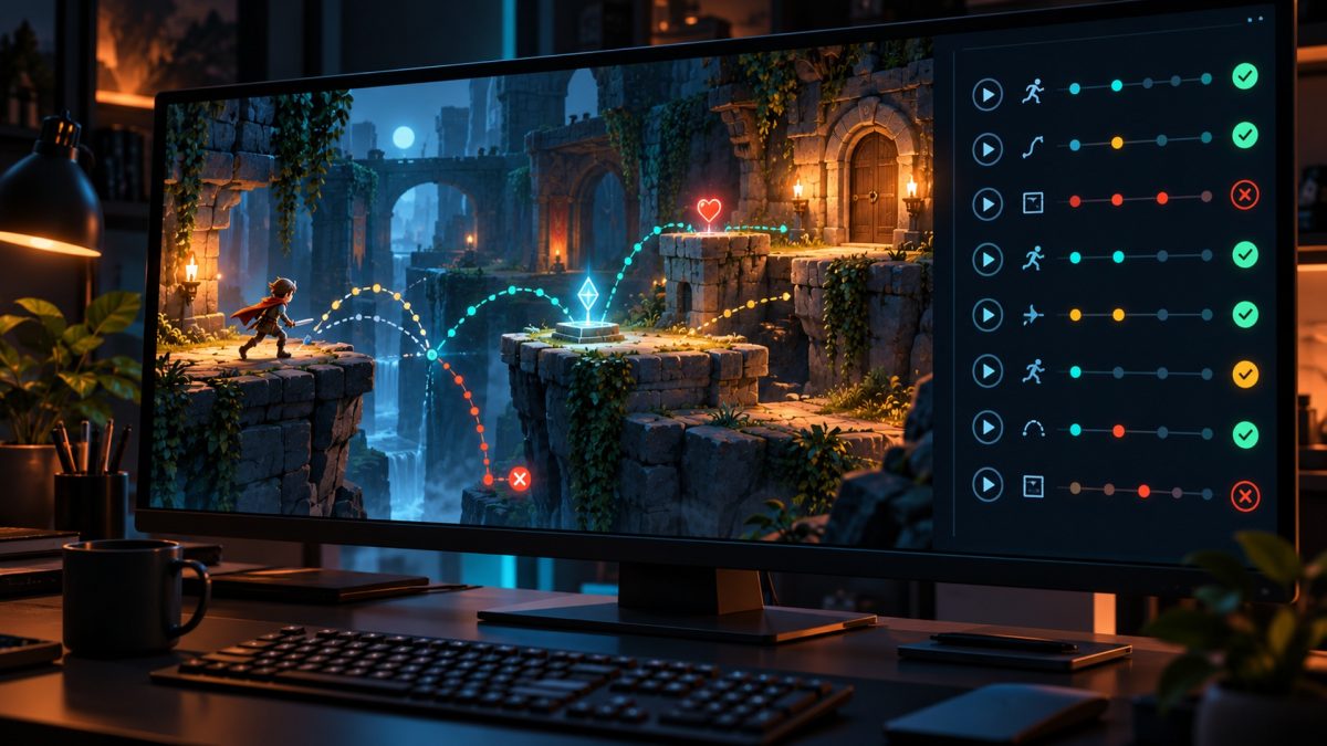 AI-generated conceptual illustration of automated game playtesting.