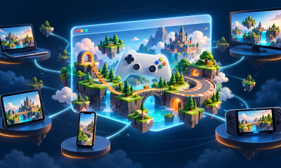 Conceptual illustration of a browser game connected across multiple devices.