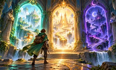 A cloaked adventurer faces three luminous dungeon doorways with a small lantern companion.